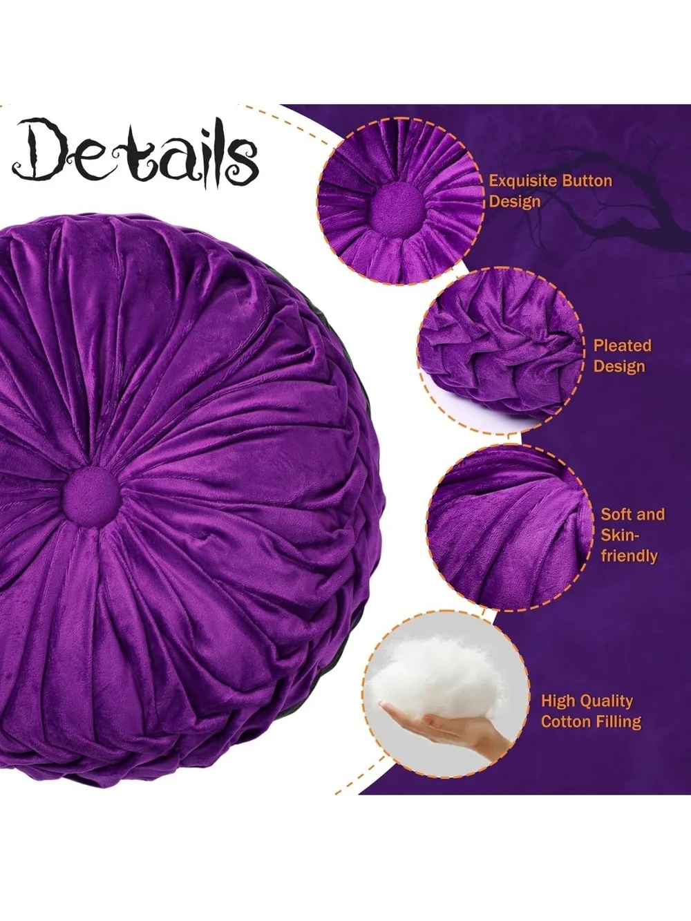 Round Velvet Throw Pillows in Purple, Black, White - Set of 3